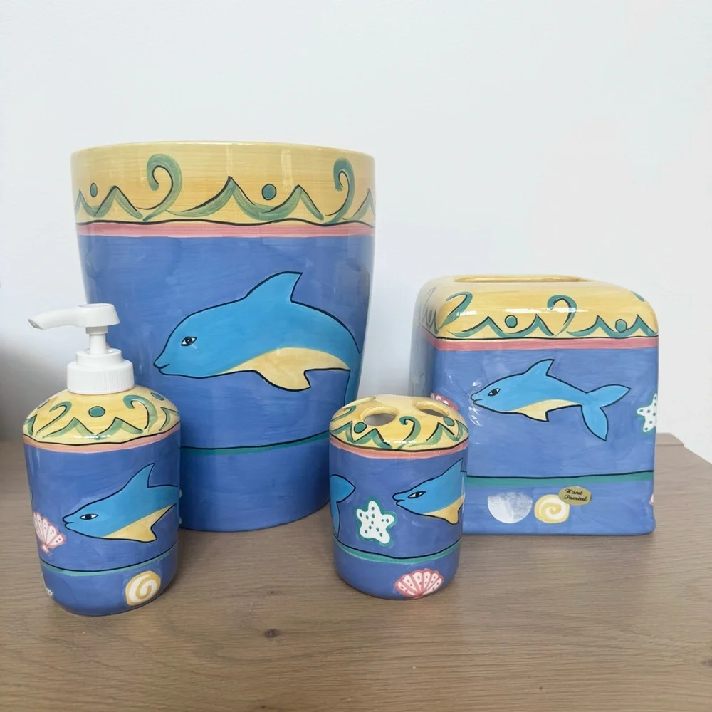 NEW 90’s Bathroom Ceramic Decor - Blue and Yellow Dolphin Bathroom Set